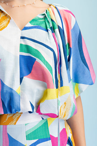 Iris Abstract Balloon Pleated Crop Top • Sky