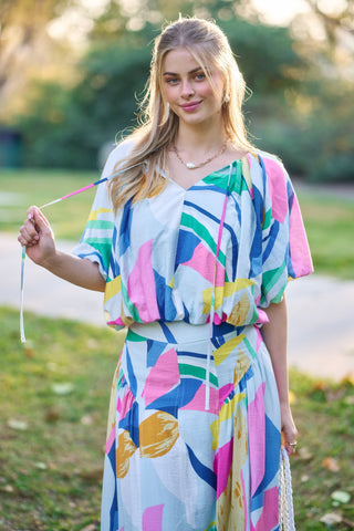Iris Abstract Balloon Pleated Crop Top • Sky