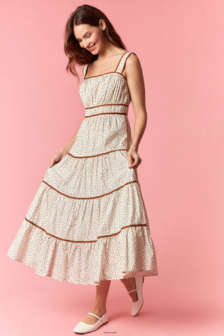 Pennie Pin-Dot Shirred Midi Dress • Ivory & Brown