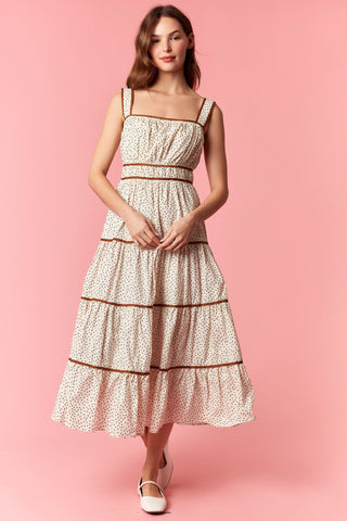 Pennie Pin-Dot Shirred Midi Dress • Ivory & Brown