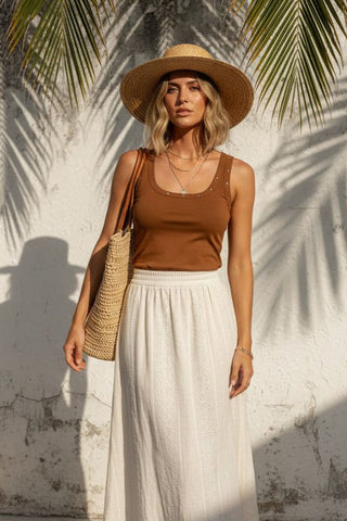 Grayce Stud Trim Scoop Neck Tank • Brown