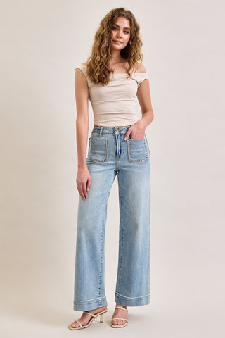 Nell Wide Leg Stud Pocket Jeans • Super Light Wash