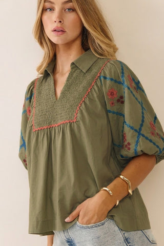 Daphne Embroidered Cotton Poplin Top • Thyme Green
