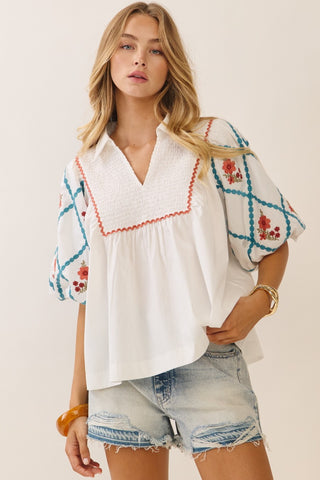Daphne Embroidered Cotton Poplin Top • White
