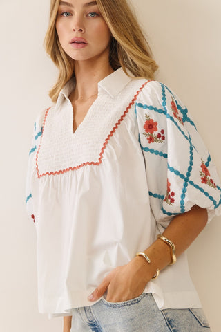 Daphne Embroidered Cotton Poplin Top • White