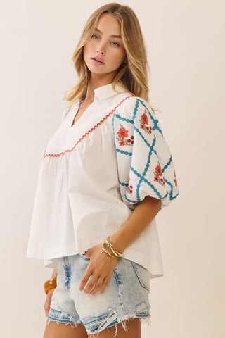 Daphne Embroidered Cotton Poplin Top • White