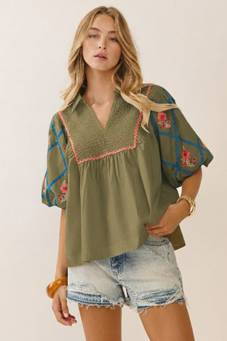 Daphne Embroidered Cotton Poplin Top • Thyme Green