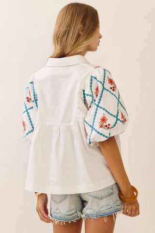 Daphne Embroidered Cotton Poplin Top • White