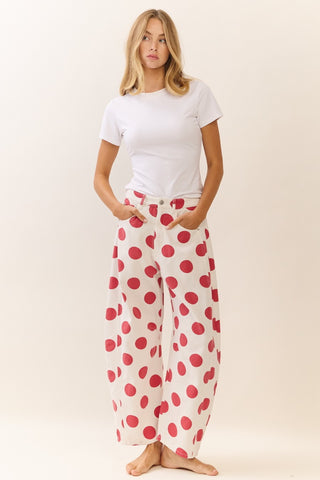 Danna Polka Dot Print Denim Pants • White & Dark Red