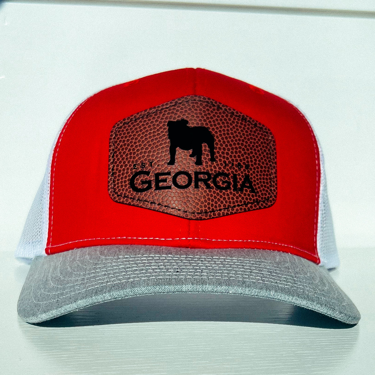 Georgia Bulldogs Leather Football Patch Hat • Red + Grey