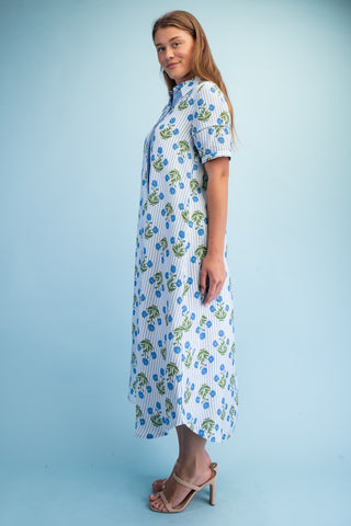 Isha Striped Floral Maxi Shirt Dress • Blue