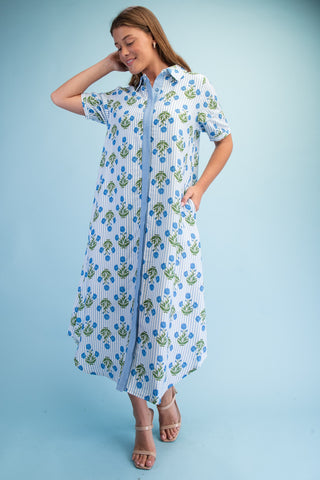 Isha Striped Floral Maxi Shirt Dress • Blue