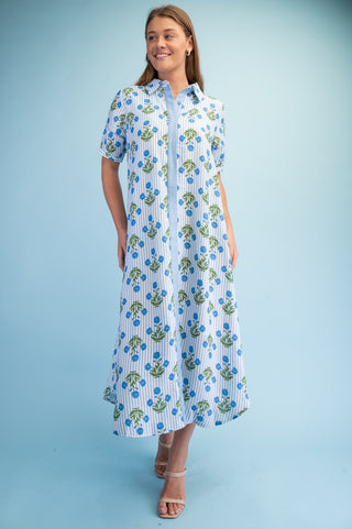 Isha Striped Floral Maxi Shirt Dress • Blue