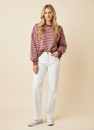 Hallie Striped Drop-Shoulder Pullover • Mauve Pink