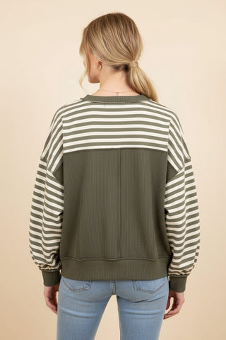 Hattie Striped Drop-Shoulder Pullover Sweatshirt • Olive & Cream