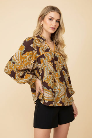 Haven Paisley Balloon Sleeve Blouse • Brown