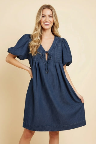 Bella Pintuck Puff-Sleeve Mini Dress • Demin
