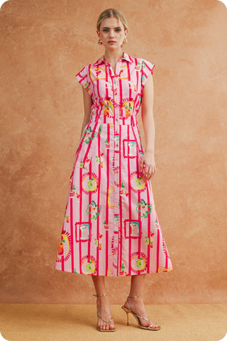 Happy Hour Striped Cocktail Print Midi Dress