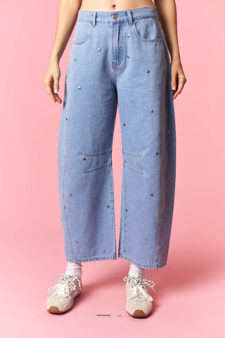 Sassy Studs Detail Washed Denim Barrel Jeans • Light