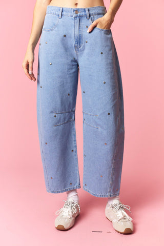 Sassy Studs Detail Washed Denim Barrel Jeans • Light