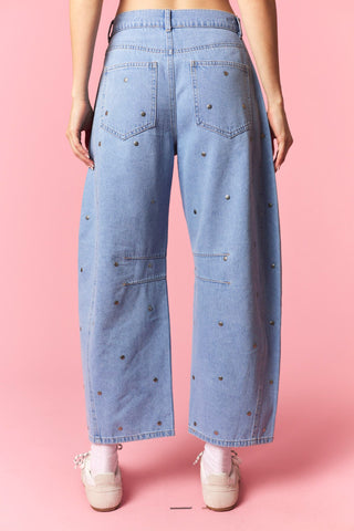 Sassy Studs Detail Washed Denim Barrel Jeans • Light