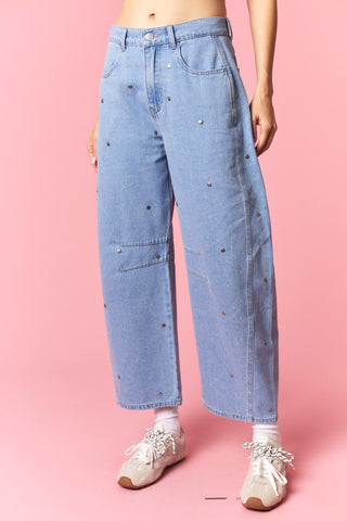 Sassy Studs Detail Washed Denim Barrel Jeans • Light