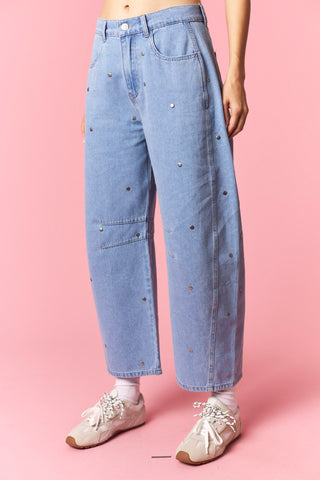 Sassy Studs Detail Washed Denim Barrel Jeans • Light