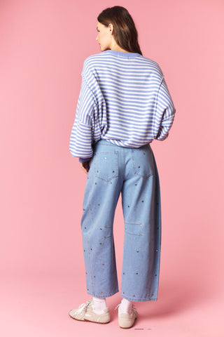 Sassy Studs Detail Washed Denim Barrel Jeans • Light