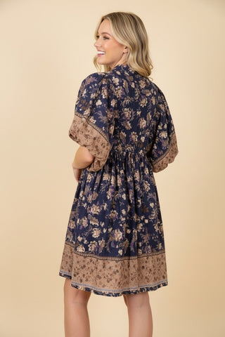 Sandra Floral Smocked Puff Sleeve Mini Dress • Navy