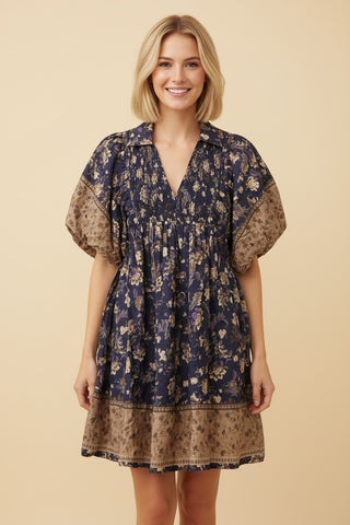 Sandra Floral Smocked Puff Sleeve Mini Dress • Navy