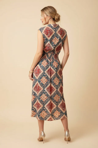 Sherrie Smocked Waist Patchwork Midi Dress • Rust