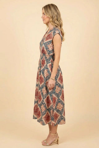 Sherrie Smocked Waist Patchwork Midi Dress • Rust