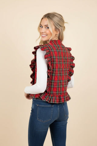 Ingrid Plaid Ruffled Tie Front Quilted Vest • Red