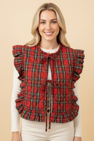 Ingrid Plaid Ruffled Tie Front Quilted Vest • Red