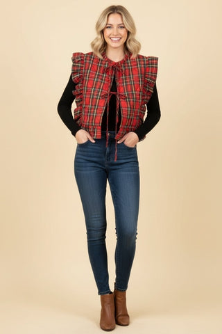 Ingrid Plaid Ruffled Tie Front Quilted Vest • Red