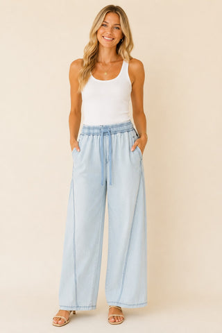 Hensley Drawstring Wide Leg Jeans • Light Wash