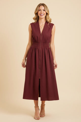 Harmony Zip-Front Smocked Waist Midi Dress • Burgundy