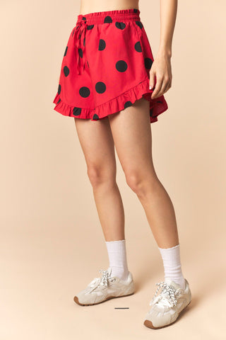 Pixie Polka Dot Ruffle Hem Flare Shorts • Red & Black