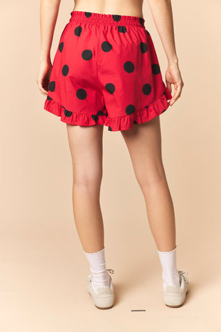 Pixie Polka Dot Ruffle Hem Flare Shorts • Red & Black