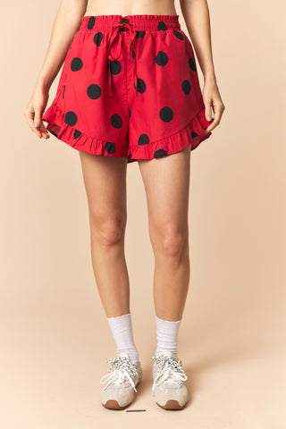 Pixie Polka Dot Ruffle Hem Flare Shorts • Red & Black