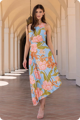 Serenity Watercolor Bloom Floral Pleated Dress