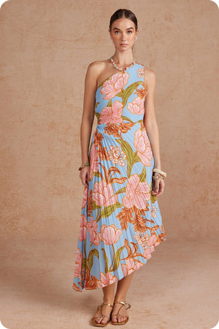 Serenity Watercolor Bloom Floral Pleated Dress
