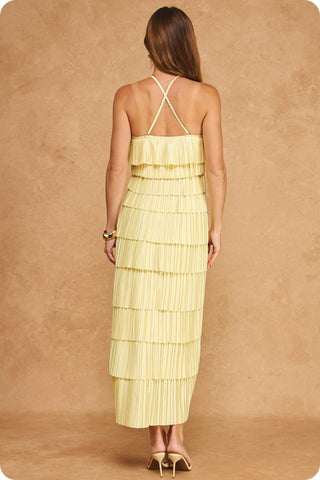 Brynn Pleated Satin Tiered Midi Dress • Butter Yellow
