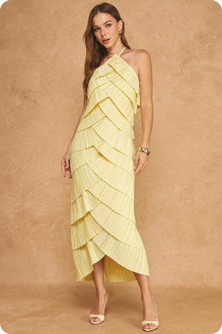 Brynn Pleated Satin Tiered Midi Dress • Butter Yellow