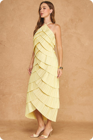 Brynn Pleated Satin Tiered Midi Dress • Butter Yellow