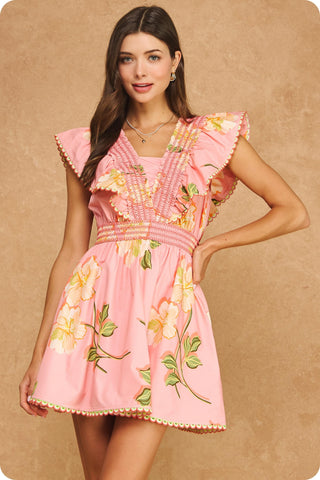 Beckham Floral Ruffle Flutter Sleeve Mini Dress • Coral
