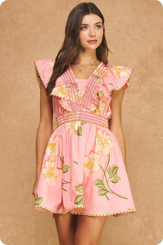 Beckham Floral Ruffle Flutter Sleeve Mini Dress • Coral