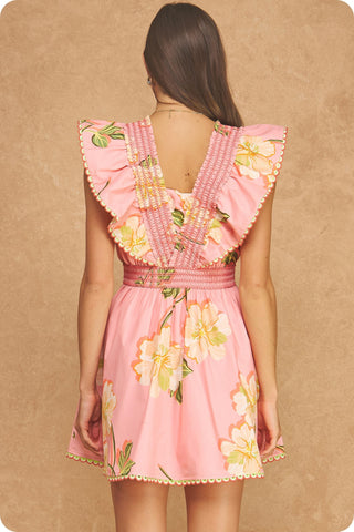 Beckham Floral Ruffle Flutter Sleeve Mini Dress • Coral