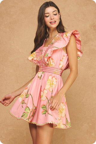 Beckham Floral Ruffle Flutter Sleeve Mini Dress • Coral