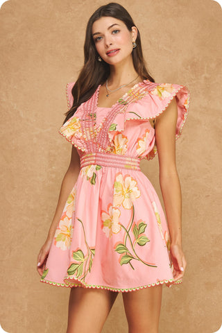 Beckham Floral Ruffle Flutter Sleeve Mini Dress • Coral
